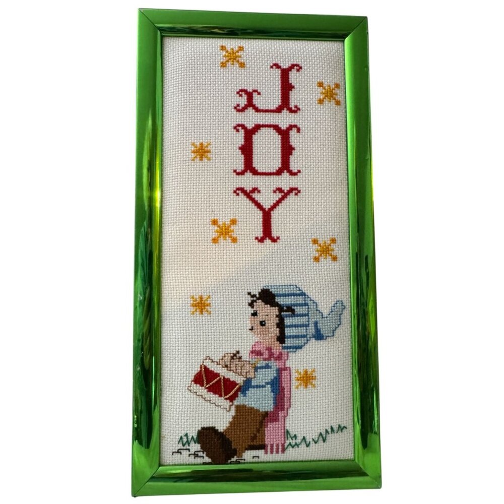 Joy Cross-Stitch Handmade Wall Art Green Frame With Boy Drummer Design 12"x6"